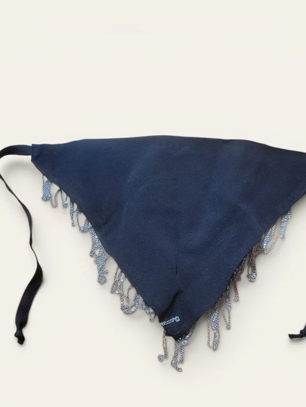 Black Fringe Bandana Scarf with Silver Beaded Tassels